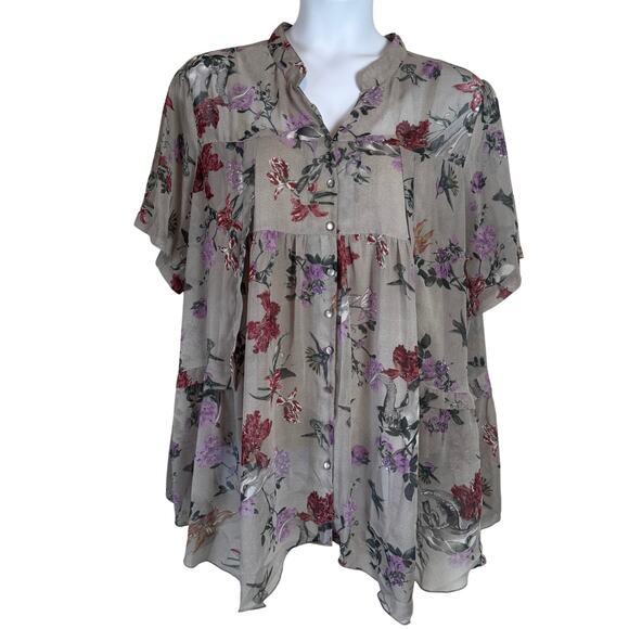 Denim 24/7 Boho Floral Tunic Top with Cami Sz 22W Gray Sheer Romantic Feminine - Picture 1 of 11